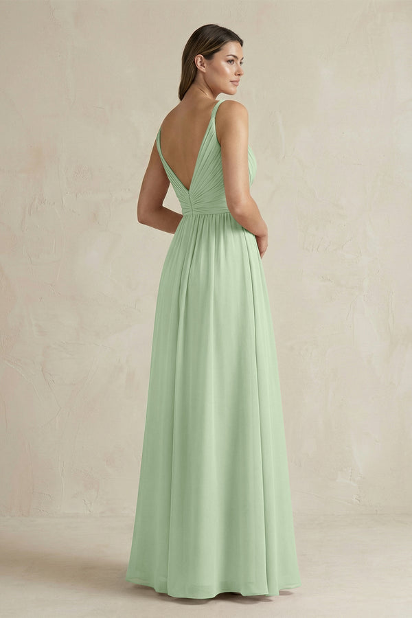 V - Neck Pleated A - Line Chiffon Bridesmaid Dress in Sage - KissProm Bridesmaid Dresses