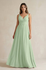 V - Neck Pleated A - Line Chiffon Bridesmaid Dress in Sage - KissProm Bridesmaid Dresses