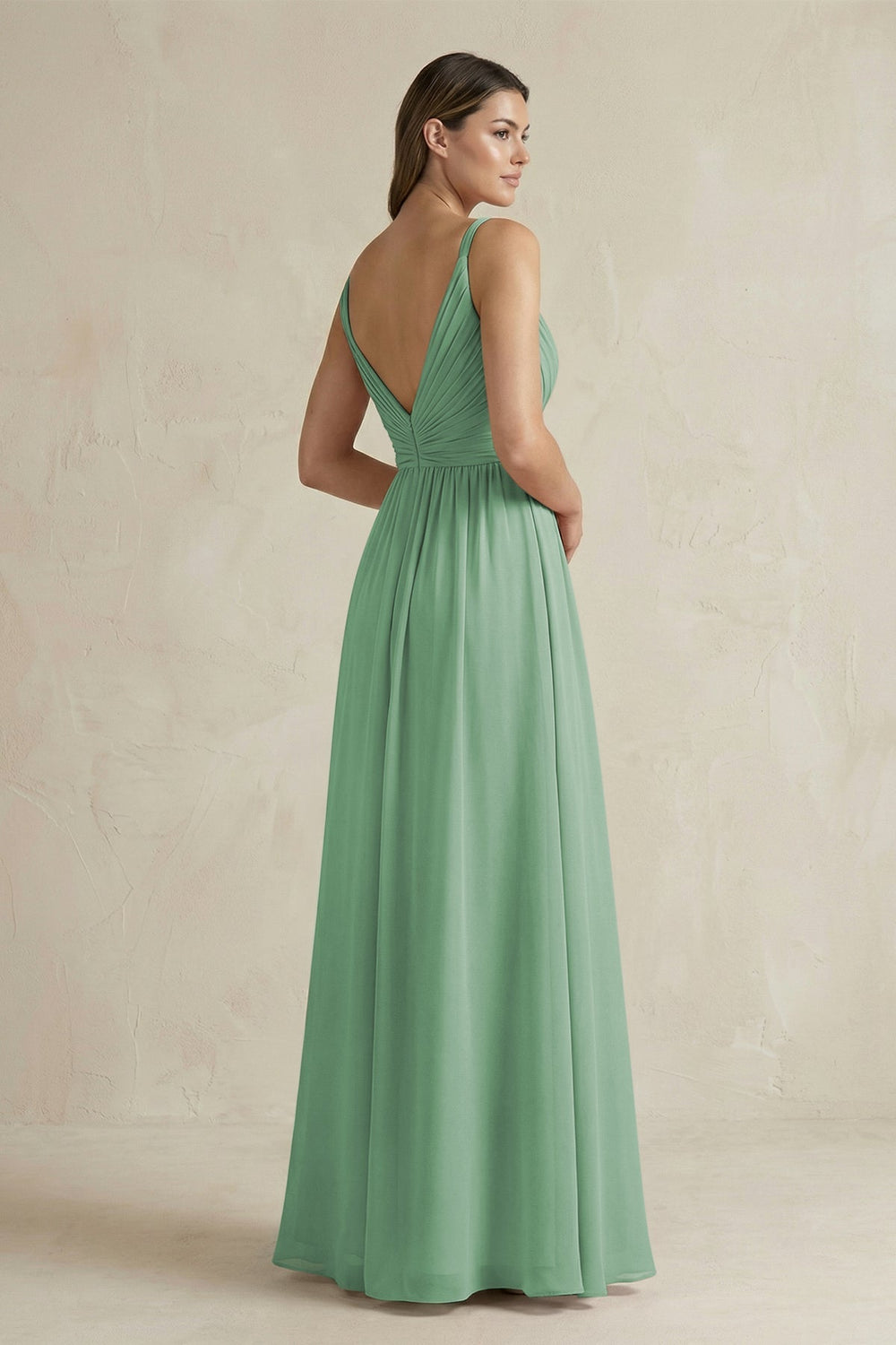 V - Neck Pleated A - Line Chiffon Bridesmaid Dress in Sea Glass - KissProm Bridesmaid Dresses