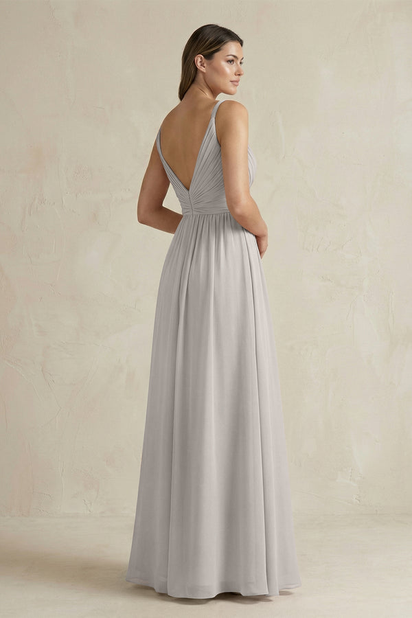 V - Neck Pleated A - Line Chiffon Bridesmaid Dress in Silver - KissProm Bridesmaid Dresses