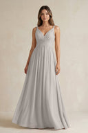 V - Neck Pleated A - Line Chiffon Bridesmaid Dress in Silver - KissProm Bridesmaid Dresses