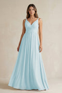V - Neck Pleated A - Line Chiffon Bridesmaid Dress in Sky Blue - KissProm Bridesmaid Dresses