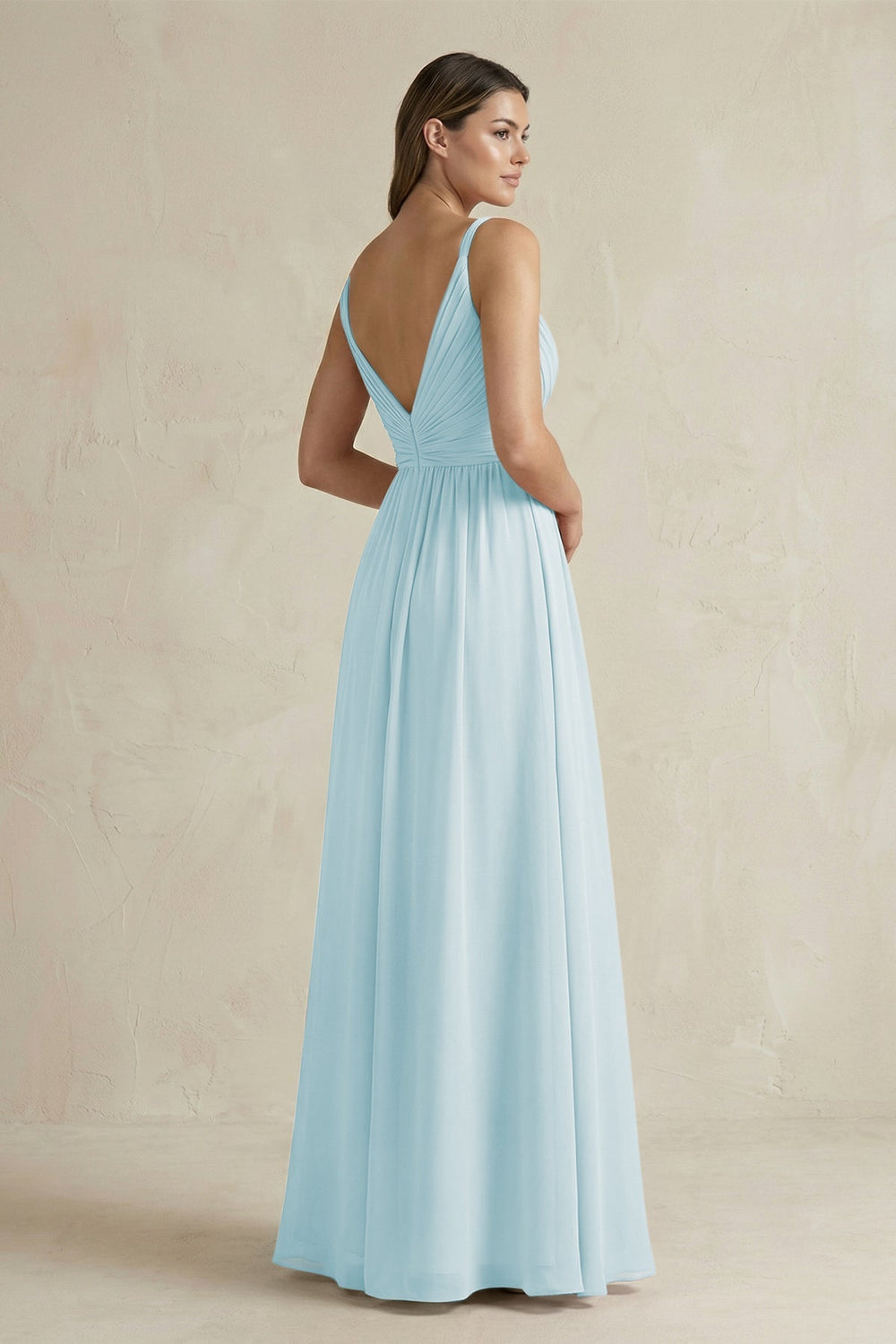 V - Neck Pleated A - Line Chiffon Bridesmaid Dress in Sky Blue - KissProm Bridesmaid Dresses