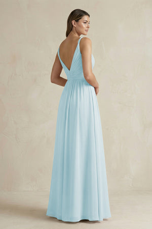 V - Neck Pleated A - Line Chiffon Bridesmaid Dress in Sky Blue - KissProm Bridesmaid Dresses