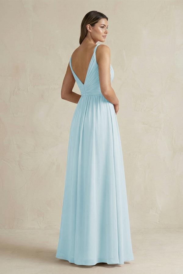 V - Neck Pleated A - Line Chiffon Bridesmaid Dress in Sky Blue - KissProm Bridesmaid Dresses