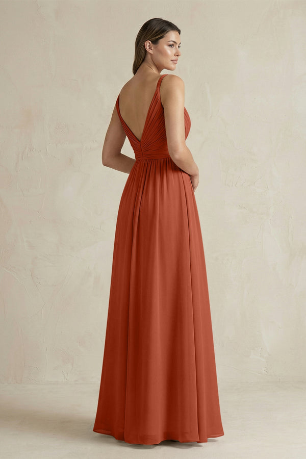 V - Neck Pleated A - Line Chiffon Bridesmaid Dress in Spice - KissProm Bridesmaid Dresses