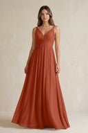 V - Neck Pleated A - Line Chiffon Bridesmaid Dress in Spice - KissProm Bridesmaid Dresses