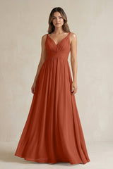 V - Neck Pleated A - Line Chiffon Bridesmaid Dress in Spice - KissProm Bridesmaid Dresses