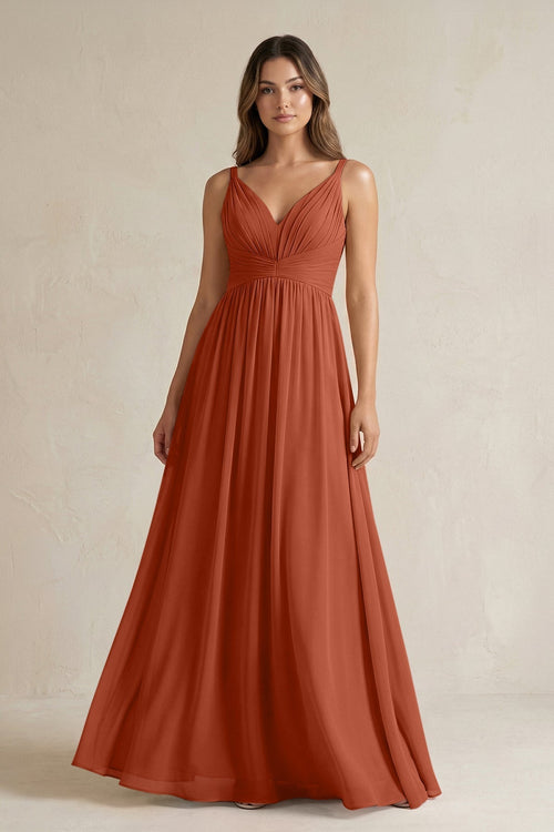V - Neck Pleated A - Line Chiffon Bridesmaid Dress in Spice - KissProm Bridesmaid Dresses