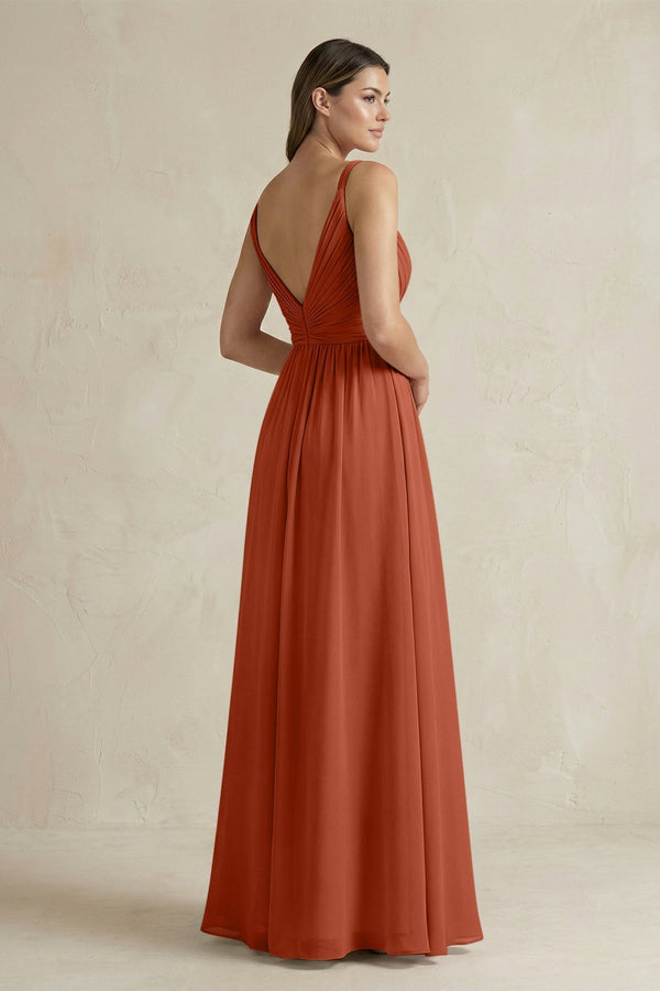 V - Neck Pleated A - Line Chiffon Bridesmaid Dress in Spice - KissProm Bridesmaid Dresses