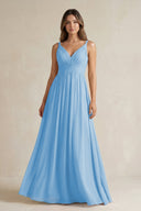 V - Neck Pleated A - Line Chiffon Bridesmaid Dress in Steel Blue - KissProm Bridesmaid Dresses