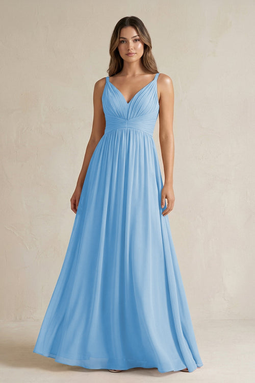 V - Neck Pleated A - Line Chiffon Bridesmaid Dress in Steel Blue - KissProm Bridesmaid Dresses