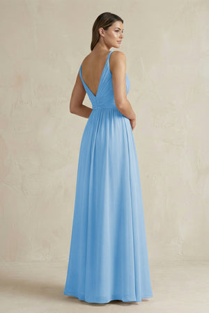 V - Neck Pleated A - Line Chiffon Bridesmaid Dress in Steel Blue - KissProm Bridesmaid Dresses