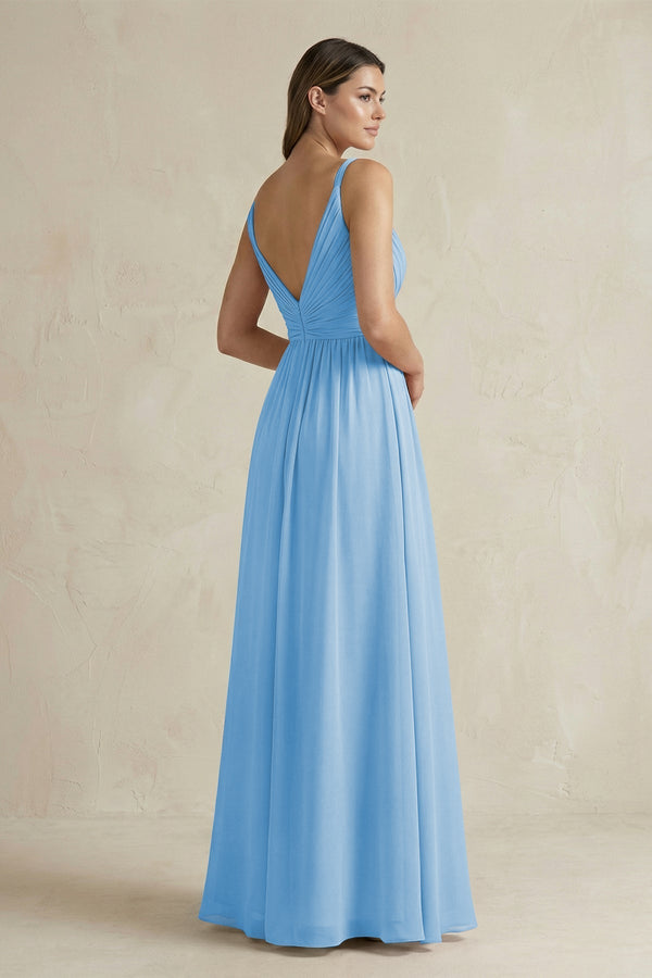 V - Neck Pleated A - Line Chiffon Bridesmaid Dress in Steel Blue - KissProm Bridesmaid Dresses