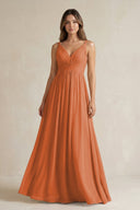 V - Neck Pleated A - Line Chiffon Bridesmaid Dress in Terracotta - KissProm Bridesmaid Dresses
