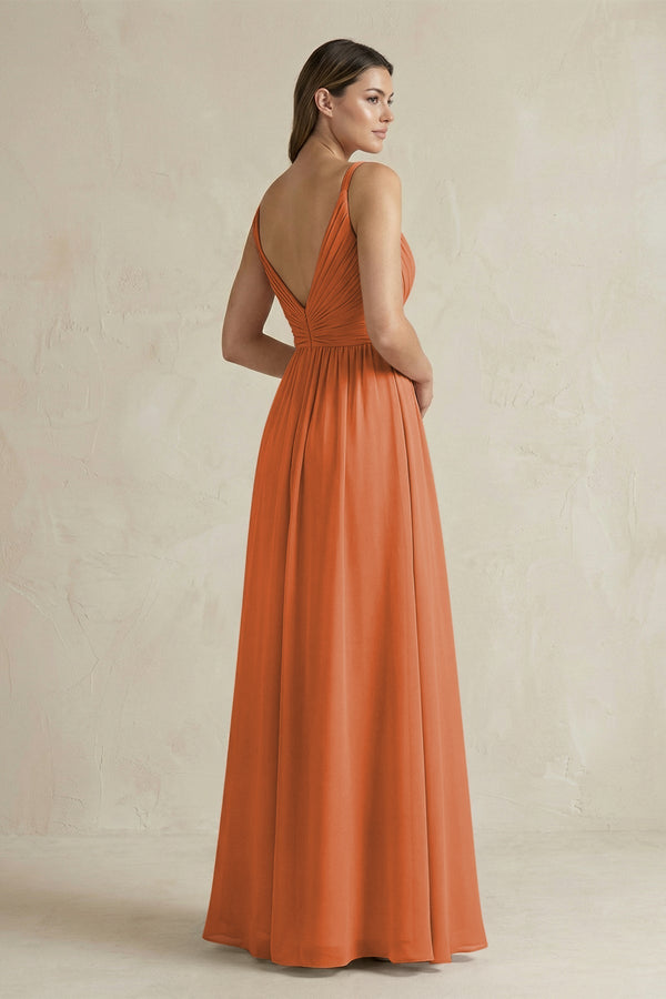 V - Neck Pleated A - Line Chiffon Bridesmaid Dress in Terracotta - KissProm Bridesmaid Dresses