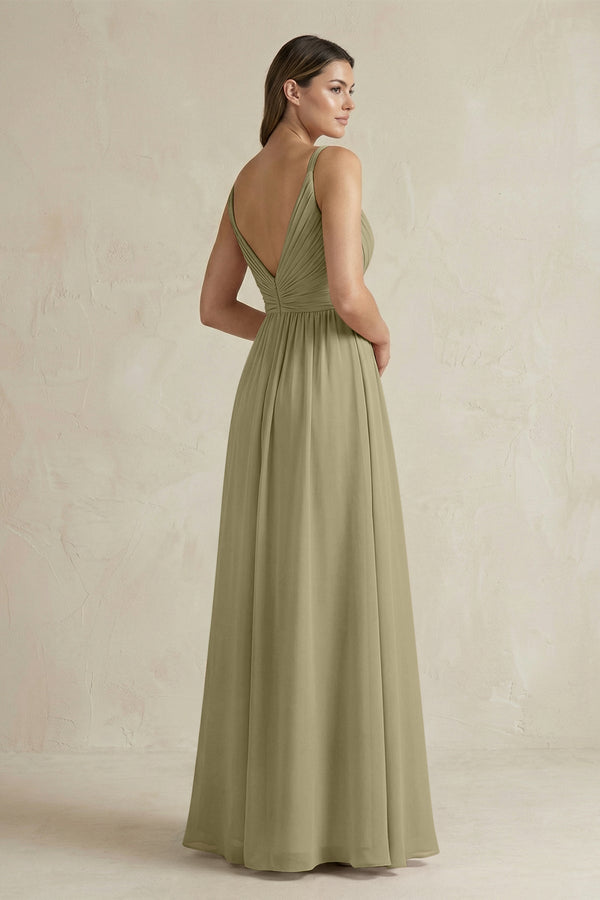 V - Neck Pleated A - Line Chiffon Bridesmaid Dress in Thyme - KissProm Bridesmaid Dresses