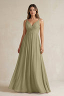 V - Neck Pleated A - Line Chiffon Bridesmaid Dress in Thyme - KissProm Bridesmaid Dresses