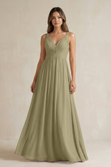 V - Neck Pleated A - Line Chiffon Bridesmaid Dress in Thyme - KissProm Bridesmaid Dresses