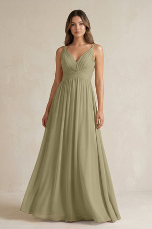 V - Neck Pleated A - Line Chiffon Bridesmaid Dress in Thyme - KissProm Bridesmaid Dresses