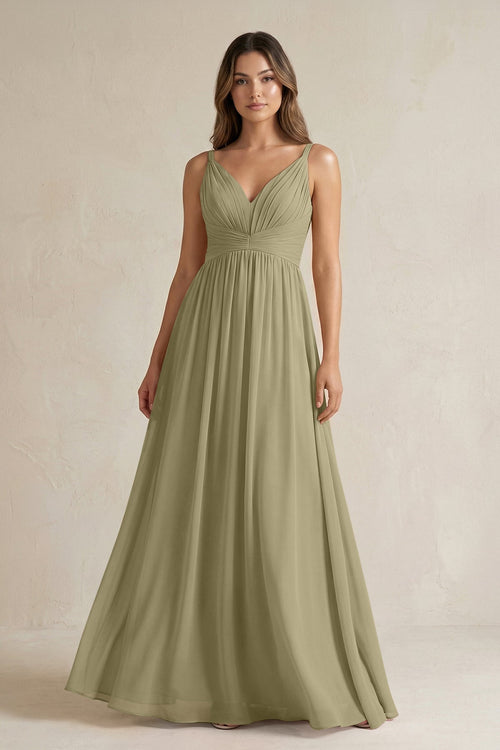 V - Neck Pleated A - Line Chiffon Bridesmaid Dress in Thyme - KissProm Bridesmaid Dresses