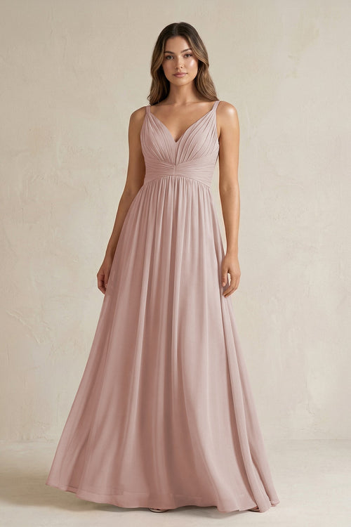 V - Neck Pleated A - Line Chiffon Bridesmaid Dress in Toffee - KissProm Bridesmaid Dresses