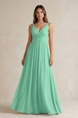 V - Neck Pleated A - Line Chiffon Bridesmaid Dress in Turquoise - KissProm Bridesmaid Dresses