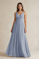 V - Neck Pleated A - Line Chiffon Bridesmaid Dress in Twilight - KissProm Bridesmaid Dresses