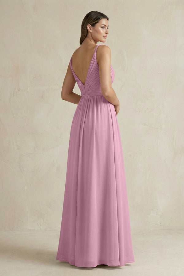 V - Neck Pleated A - Line Chiffon Bridesmaid Dress in Vintage Mauve - KissProm Bridesmaid Dresses