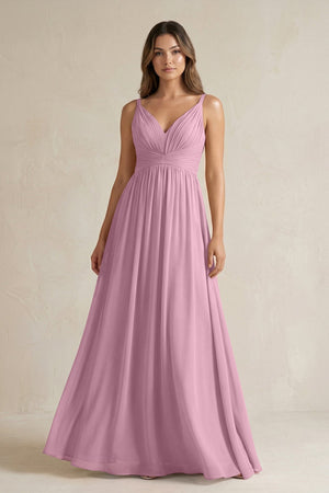 V - Neck Pleated A - Line Chiffon Bridesmaid Dress in Vintage Mauve - KissProm Bridesmaid Dresses