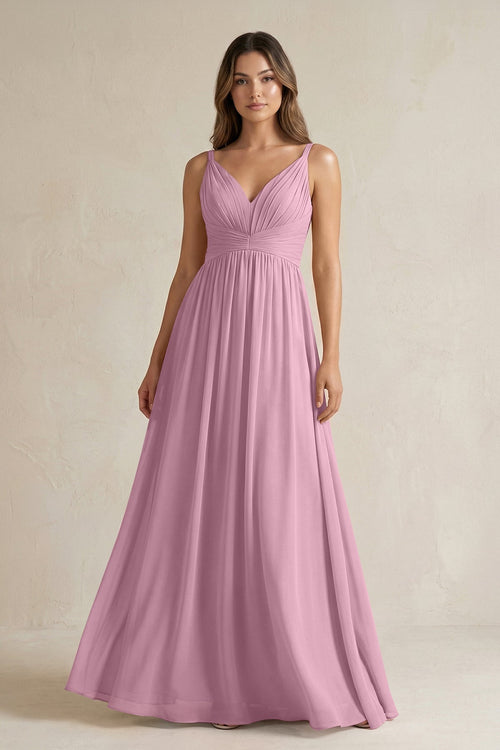 V - Neck Pleated A - Line Chiffon Bridesmaid Dress in Vintage Mauve - KissProm Bridesmaid Dresses