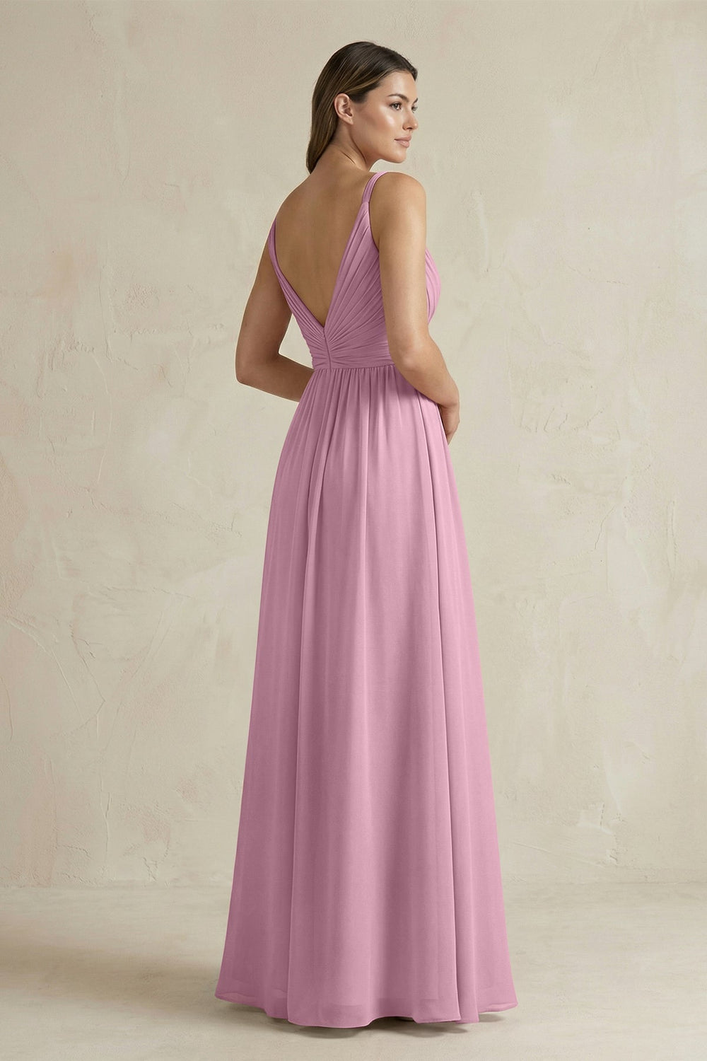 V - Neck Pleated A - Line Chiffon Bridesmaid Dress in Vintage Mauve - KissProm Bridesmaid Dresses