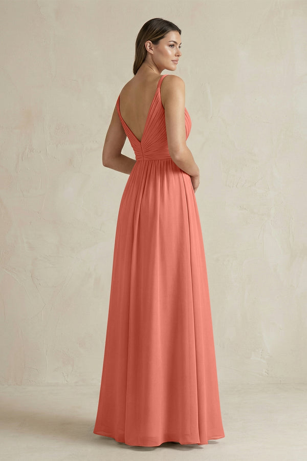 V - Neck Pleated A - Line Chiffon Bridesmaid Dress in Wild Rose - KissProm Bridesmaid Dresses