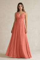 V - Neck Pleated A - Line Chiffon Bridesmaid Dress in Wild Rose - KissProm Bridesmaid Dresses