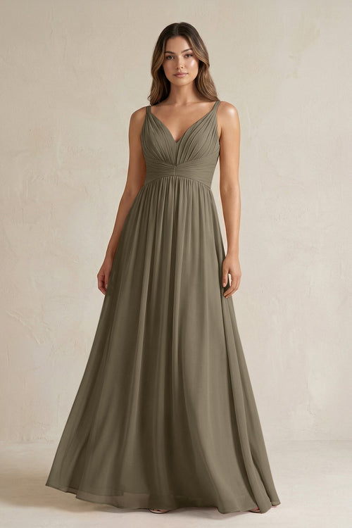 V - Neck Pleated A - Line Chiffon Bridesmaid Dress in Willow Green - KissProm Bridesmaid Dresses