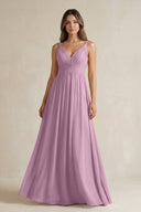 V - Neck Pleated A - Line Chiffon Bridesmaid Dress in Wisteria - KissProm Bridesmaid Dresses