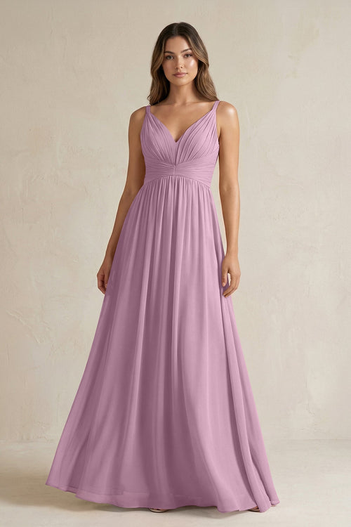 V - Neck Pleated A - Line Chiffon Bridesmaid Dress in Wisteria - KissProm Bridesmaid Dresses