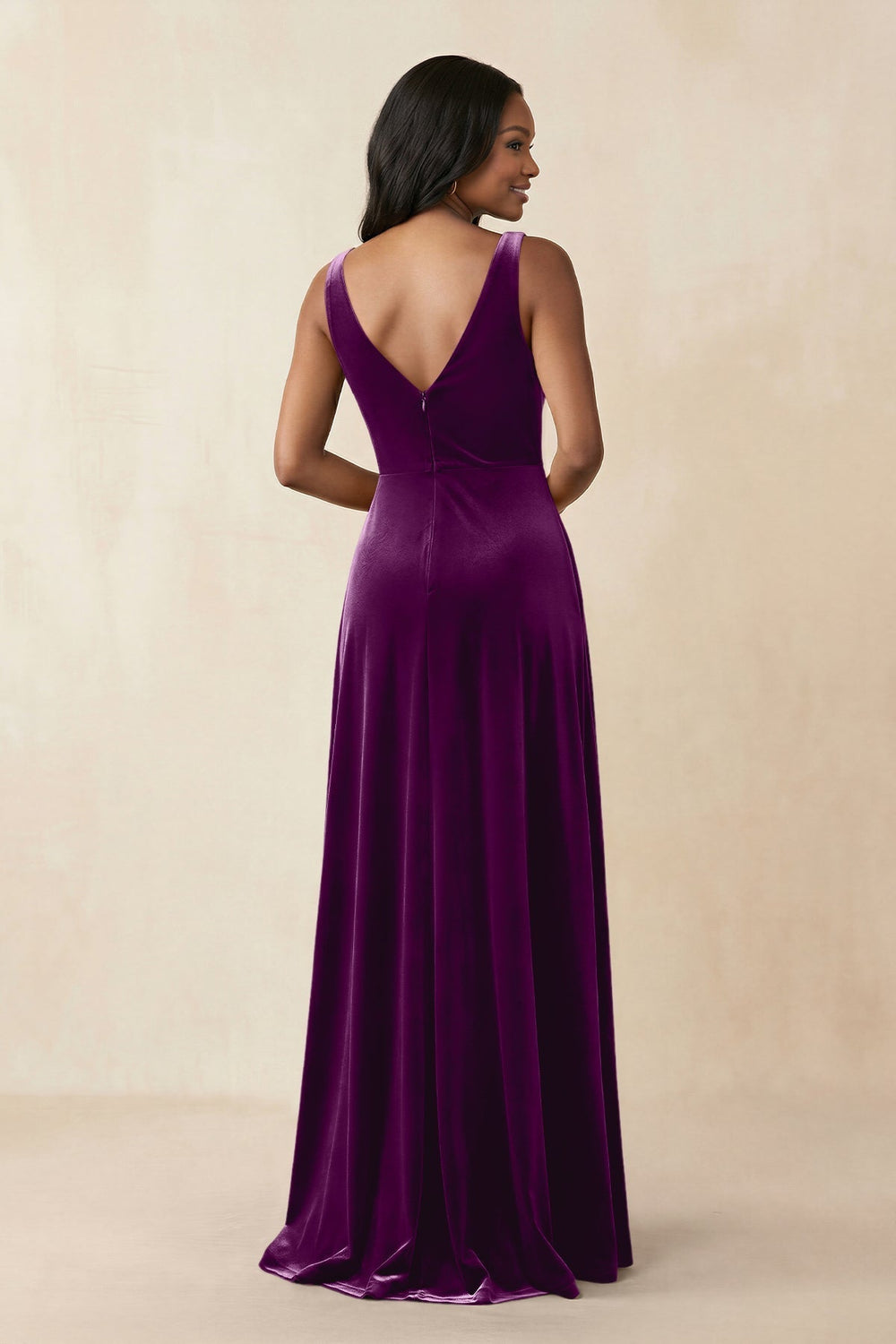 V - Neck Ruched A - Line Velvet Bridesmaid Dress in Amethyst - KissProm Bridesmaid Dresses