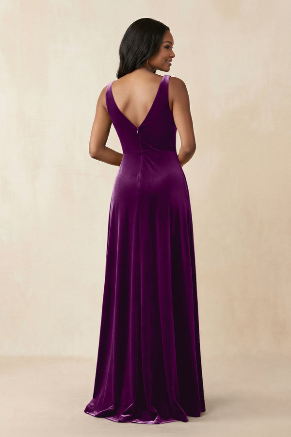 V - Neck Ruched A - Line Velvet Bridesmaid Dress in Amethyst - KissProm Bridesmaid Dresses