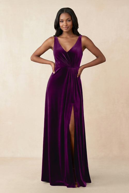 V - Neck Ruched A - Line Velvet Bridesmaid Dress in Amethyst - KissProm Bridesmaid Dresses