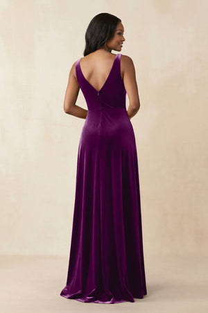 V - Neck Ruched A - Line Velvet Bridesmaid Dress in Amethyst - KissProm Bridesmaid Dresses