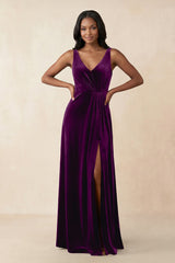V - Neck Ruched A - Line Velvet Bridesmaid Dress in Amethyst - KissProm Bridesmaid Dresses