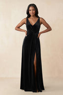 V - Neck Ruched A - Line Velvet Bridesmaid Dress in Black - KissProm Bridesmaid Dresses