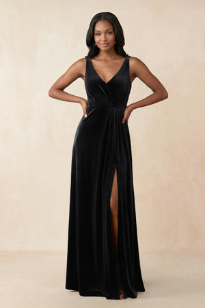 V - Neck Ruched A - Line Velvet Bridesmaid Dress in Black - KissProm Bridesmaid Dresses