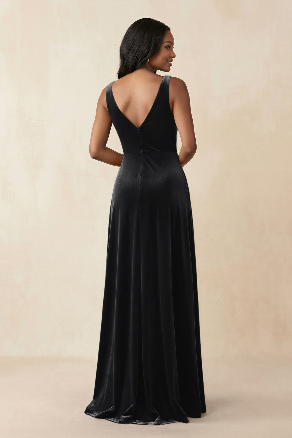 V - Neck Ruched A - Line Velvet Bridesmaid Dress in Black - KissProm Bridesmaid Dresses