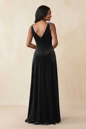 V - Neck Ruched A - Line Velvet Bridesmaid Dress in Black - KissProm Bridesmaid Dresses