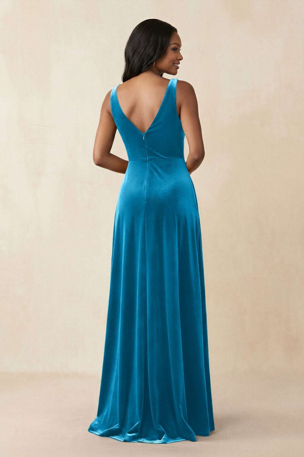 V - Neck Ruched A - Line Velvet Bridesmaid Dress in Blue Jay - KissProm Bridesmaid Dresses
