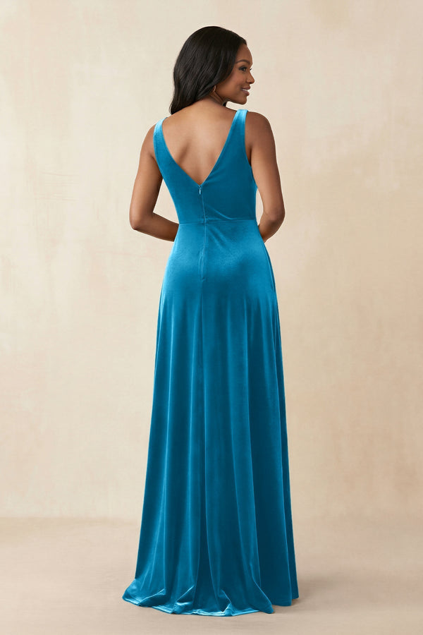 V - Neck Ruched A - Line Velvet Bridesmaid Dress in Blue Jay - KissProm Bridesmaid Dresses