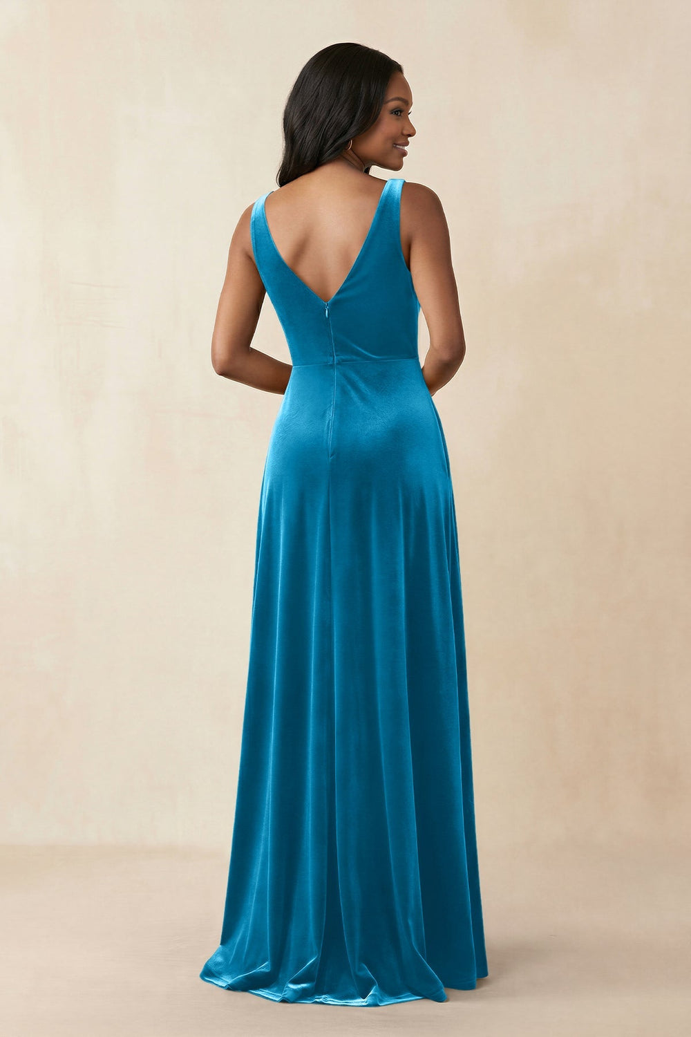 V - Neck Ruched A - Line Velvet Bridesmaid Dress in Blue Jay - KissProm Bridesmaid Dresses