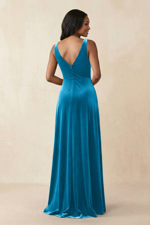 V - Neck Ruched A - Line Velvet Bridesmaid Dress in Blue Jay - KissProm Bridesmaid Dresses